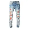 Mens Blue Jeans For Guys Knee Ripped Slim Fit Skinny Man Torn Pants Orange Patches Wearing Biker Denim Light Stretch Motorcycle Male Rip Trendy Long Straight Zipper