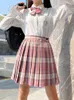 Zoki Plaid kvinnor veckad kjol båge knut sommar hög midja preppy flickor dans mini kjol söt en linje harajuku sexig japan faldas 220505