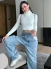 Yedinas Vintage Asymmetrische Taille Loch Gerade Jeans Frauen Lose Denim Hosen Lässige Breite Bein Streetwear Mom 220402