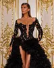 Black Sexy Mermaid Prom Dresses V Neck Hollow Long Sleeves Appliques Sequins Beads Lace Ruffles Train Side Slit Floor Length Party Gowns Plus Size Custom Made 418