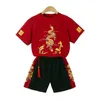 الملابس العرقية 2pcs مجموعة القمصان الصينية الأطفال الصيفية القطن القطن القصير القديم تنين التنين الطباعة الفتيات