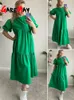 Casual Women Summer Maxi Dress 100% Cotton O Neck Aline Oversize Short Sleeve Midi Puff White Long 220705