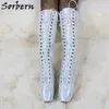 Sorbern White Holo Paski Cosplay Buty Sztuka Performance Boot Drag Queen Toe Bolesne Baletowe Kopyta Styl Buty Kolan High Lace-Up