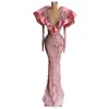 Розовая русалка выпускной платья сексуальные глубокие v шея с длинными рукавами с блестками аппликации бусинки алмазы