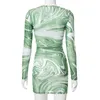 Avrilyaan Green Print Lace Up Sexy Bodycon Dress Women Plat Robes Hollow Party Es Elegant Mini Autumn Vestidos 220521