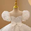 Mignon en dentelle en satin Applique robe fille fleur pour fête des manches longues petites enfants filles première sainte communion robes de Noël Pageant 403