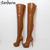 Sorbern Brown Women Boots Streched High Heels Platform Round Toe Shoes Size 33-48
