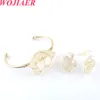 WOJIAER Trendy Gold-color Wire Wrap Jewelry Set Irregular Bangle Bracelets Natural Crystal Stone Hook Dangle Drop Earring BO940