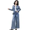 Kvinnors tvådelade byxor som skarvar casual denim Set Female Jacket Long 2022 Spring Loose High midje Jeans Suit Two-Piece Quality Clothing E25