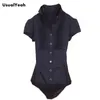 Women's Blouses & Shirts Plus Size Women Formal White Shirt Fashion Summer Short Sleeve Pleated Bodysuit Ladies Tops Blouse Black Stand Blus