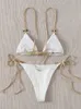 Sexy Bikini Set Cute White Plain Ring Linked Strap Triangle Thong Biquini Swimsuit Swimwear Women Bathing Suit B0 220621