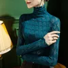 Women's Retro Lace Shirt Wooden Ear Black Perspective Sexy Stretch Top Long Sleeve Turtleneck Woman Tshirts Drop 220527