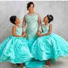 Robes de fille Turquoise Fleurs Train Fleur filles robes robes de bal robe de bal Pageant O-cou appliques dentelle de la cheville