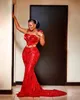 2022 Plus size Arabische Aso Ebi Red Mermaid Luxe prom jurken kralen parels avond formeel feest tweede receptie verjaardag verlovingsjurken jurk zj754