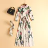 Women's Runway Dresses Turn Down Collar 3/4 Sleeves Printed High Street Fashion Dress with Belt