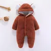 Jumpsuits vinter baby solid fleece björn huva jumpsuit unisex ankomst pojke flicka ren färgkläder rompersjumpsuits