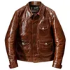 YR Brand classic casual style oil cowhide jacket man slim äkta läder kappa vintage vinter varm RL LJ201029