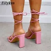 Sandals Eilyken Summer Pink Women Onkle Strappy High Heels Square Square Toe Party Heel Size 35-42 220317