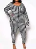 Pantalones de talla grande para mujeres 5xl Jumpsuits flacos para mujeres Playsuits de manga larga Autumn Fashion Houndstooth Impresión casual de lápiz de lápiz de lápiz