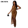 CM.YAYA Mujeres Vestido largo Estampado de leopardo Sin mangas Cremallera Splited Maxi Vestidos Sexy Night Club Party Vestidos Trajes de verano 220516