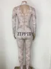 Kobiety Jumpsuits Rompers Białe koronkowe gładki body spandex kombinezon dhinestony legginsy damskie kostium sceniczny nocny klub taniec noszenie