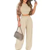 Zomer Elegante Vrouwen Solid Casual Fitness Trainingspak Outfits Korte Mouw Crop Tops Broek Flare Broek 2 Tweedelige Set 220610