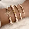 Ссылка цепь 4PCS/SET Geometric Boho Retro Beach Style Flower Bow Bears Bears Bracelet Женщины ювелирные аксессуары Inte22