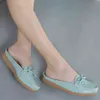 Summer Genuine Leather Women Flats Hollow Slip On Leather Loafers Ladies Shoes Korean Style Soft Moccasins Half Slippers Size 43 Y220427