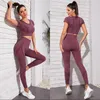 Yoga Outfit Woman Fitness Clothes Gradient Colors Crop Short Tshirt Sports GYM Leggings Plush Up Seamless Set For WomanYoga