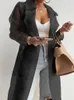 Women Mode auf Blick durch Außentäpchen Schnürenfrührungen solide schiere Mesh Langarmknopfmantel mit Gürtel Elegante Hemden 220725
