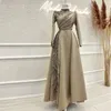 Nowoczesne satynowe muzułmańskie sukienki na balsame kostkę imprezę gwon z koralikami islamski hidżab high szyja saudyjska arabska dubai kaftan szaty de