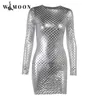 Autumn Sexy Bodycon Hollow Out Dress Silver Diamond Mesh Club Lange Mouw Mini Pencil Party For Women 220521