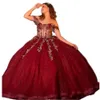 Sparkly Burgundy Quinceanera Dresses Off Shoulder Corset Ball Gown Lace Appliques Long Tulle Prom Party Gowns Sweet 16 Dress Vestidos De 15 Anos
