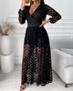 Roupas femininas Primavera Polkadot Impressão Envoltório de Manga Longa Maxi Vestido Ver através de Party Wedding Formal Elegant Boho V Pescoço 220316