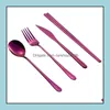 Flatware Sets Kitchen Dining Bar Home Garden Ll Korean Stainless Steel Long Handle Knife Fork Spoon Chopst Dh4Tj