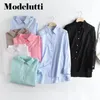 Modelutti Spring Moda de manga comprida mangas dobradas Camisa de linho feminino Casual Bloups Solid Color Tops Simples feminino 220706