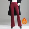 Warm Dames Winter Flare Broek Thicken Fleece Broek Vrouwelijke Zwart Blauw Rood Hoge Taille Stretch Fluwelen Legging S-4XL 220325