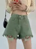 Guzyuviz Kobiety Krótkie spodnie Hight Waist Splice Pocket Szerokie Nogi Spodenki Kobiety 2022 Moda Casual Luźne Szorty Zielone Feminino Y220417