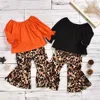 Baby Girls Clothing Set Kids Puff Sleeve Elastisk krage Solida Toppar + Leopard Print Flared Byxor Två Pieces Set Spring Barn Outfits