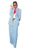 Pantalon deux pièces pour femme Sea Blue Striped Woman Suit Singal Breasted 2022 Design High Street Col cranté Party Fashion Jacket Pant FemaleW