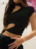 ArtSu Hollow Out Lace Up Solid T Shirts Sexy Short Sleeve Choker Halter White Summer Crop Top One Shoulder Tops Women Tee Shirt 220714