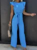 Summer Fashion Waist Lace-up Party Wide Leg Pant Women Elegant Solid Ruffle Sleeve Jumpsuit Casual Office O Neck Romper Overalls 220714