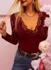 T-Shirt Femme Automne Mode Femme Vintage Manches Longues T-shirts Dentelle Couture Sexy Col V Tops 5 Couleur Casual Doux Chemise Basique TopFemmes