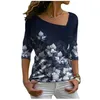 Moda Casual Flower Print Diagonal Collar T-shirt Kobiety Z Długim Rękawem Pullover Topy Tee Ubrania Jesień Lady Streetwear 220408