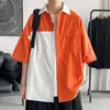 Men's Casual Shirts EOENKKY/Summer Men's Short-sleeved Shirt Two-color Harajuku Hip-hop Color-block Half-sleeve Loose Lapel TopMen's Eld