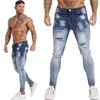Män jeans gingtto män elastisk midja mager stretch rippade byxor streetwear män denim blå