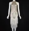 Stage Wear Brillant Strass Robe Gland Femmes Anniversaire Célébrer Franges Blanches Tenue Costume De Danseur Sans Manches Bar Robes De Soirée De Bal