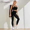 CHRLEISURE Seamless Gym 3 Piece Set Women Fitness Sports Suits High Waist Booty Leggings Bra Running Athletic Wear Yoga Sets 220317