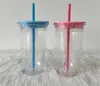 DIY 24oz Clear Plastic Tumbler 5 kleuren platte deksel acryl waterflessen met kleurrijke stro dubbelwandige kantoor koffiemokken herbruikbare drinkbekers