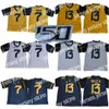 James West Virginia Mountaineers 13 David Sills V 7 Will Grier 2 Kenny Robinson College voetbalshirts blauw gele universiteitsvoetbalshirts